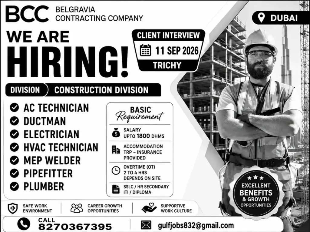 Dubai Jobs 2026: BCC Belgravia Contracting Company Hiring AC Technicians, Electricians, Plumbers & More