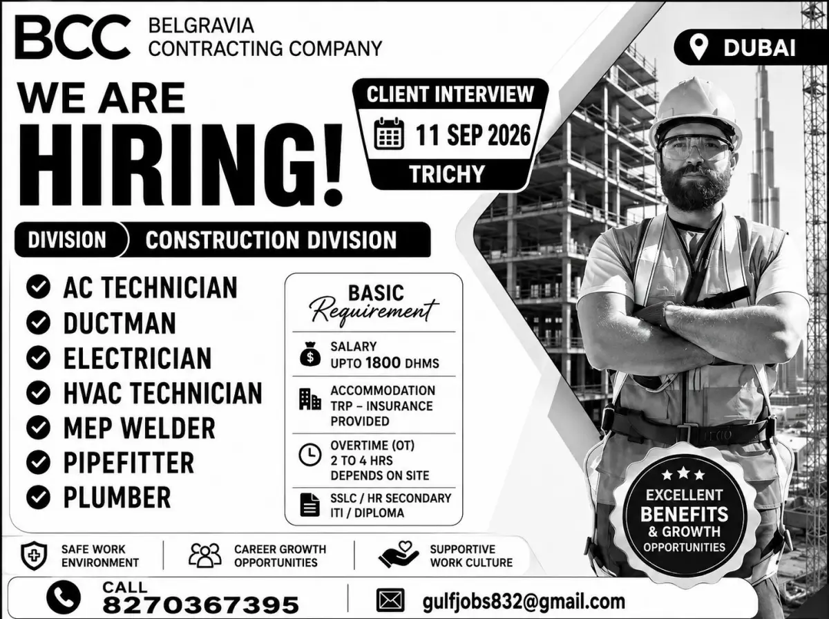 Dubai Jobs 2026: BCC Belgravia Contracting Company Hiring AC Technicians, Electricians, Plumbers & More