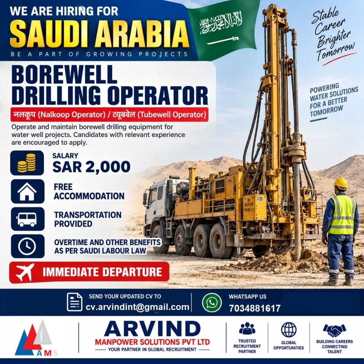 Saudi Arabia Jobs 2026: Borewell Drilling Operator Vacancy with SAR 2,000 Salary, Free Accommodation & Transportation