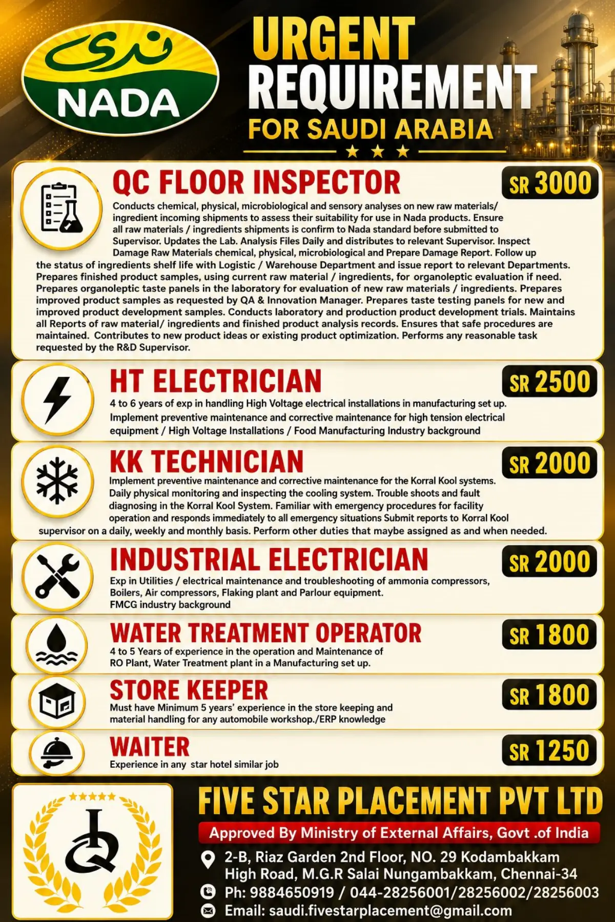 Urgent Recruitment for Saudi Arabia – NADA Jobs | QC Floor Inspector, Electrician, Technician & Other Vacancies