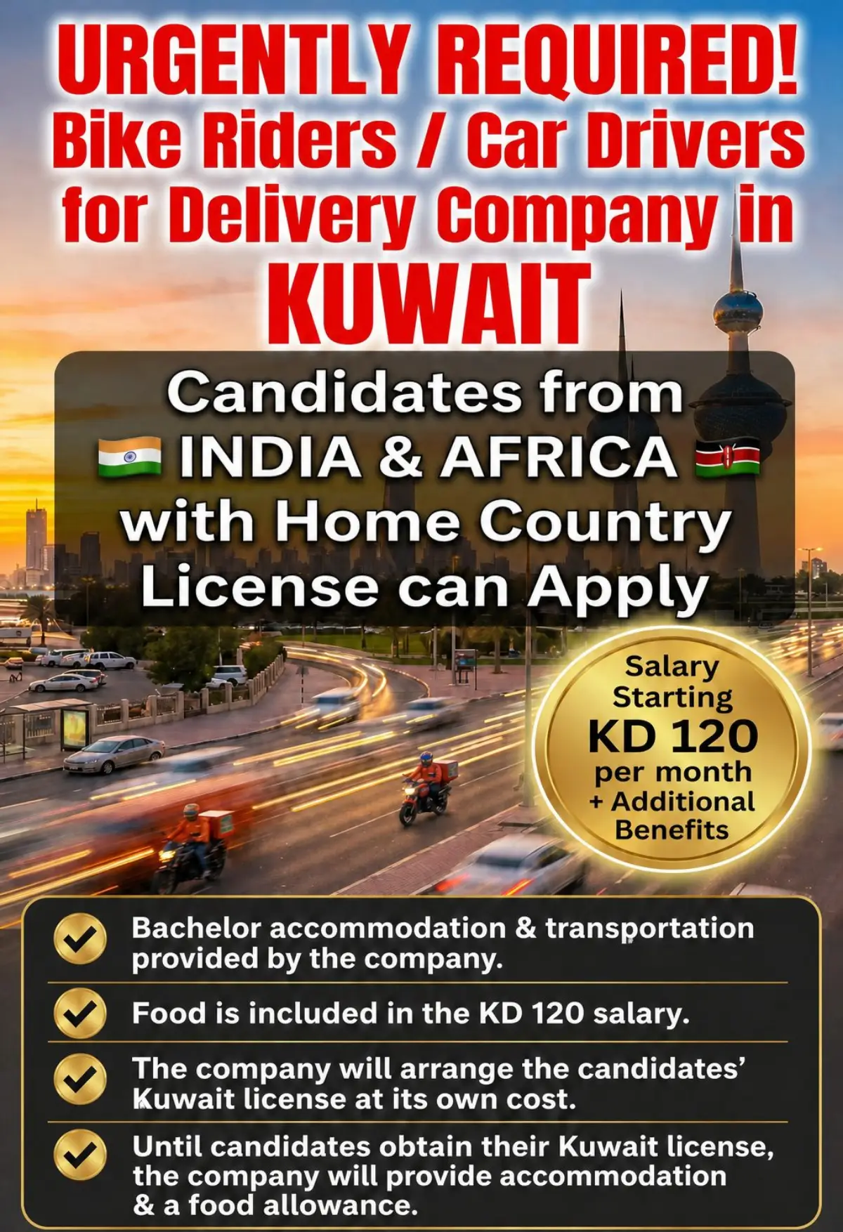 Kuwait Delivery Company Jobs 2026: Bike Riders & Car Drivers Urgently Required
