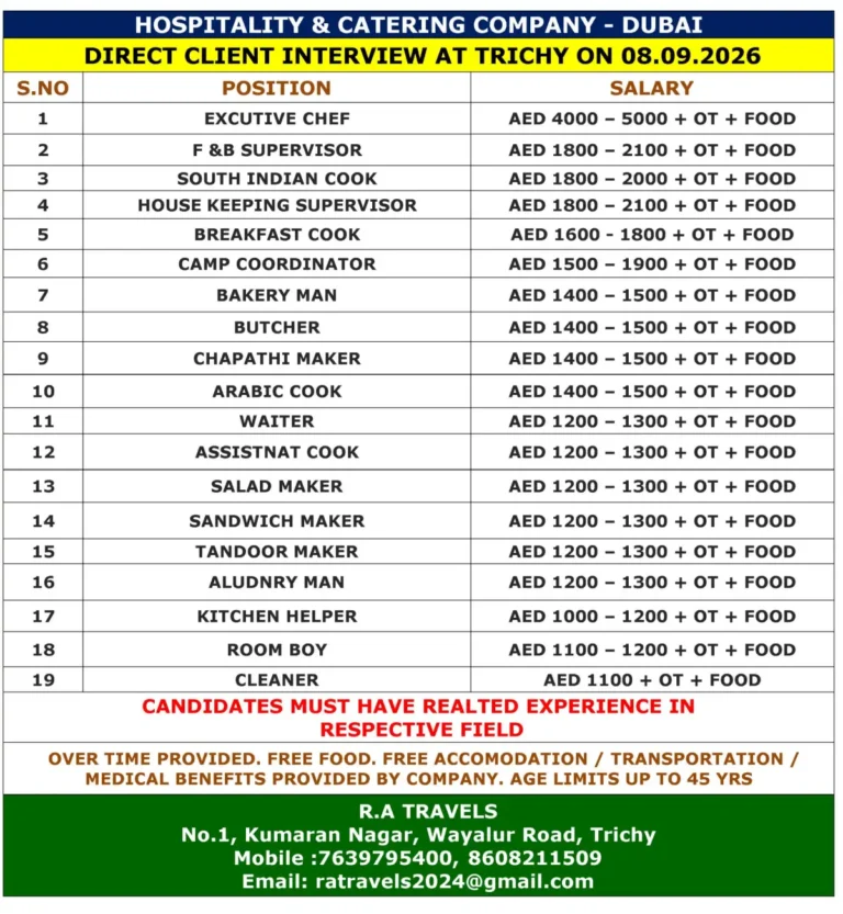 Dubai Hospitality & Catering Jobs 2026: Direct Client Interview in Trichy on September 8