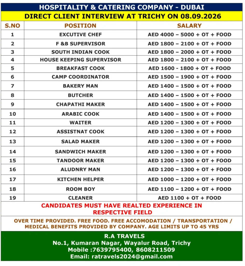 Dubai Hospitality & Catering Jobs 2026: Direct Client Interview in Trichy on September 8