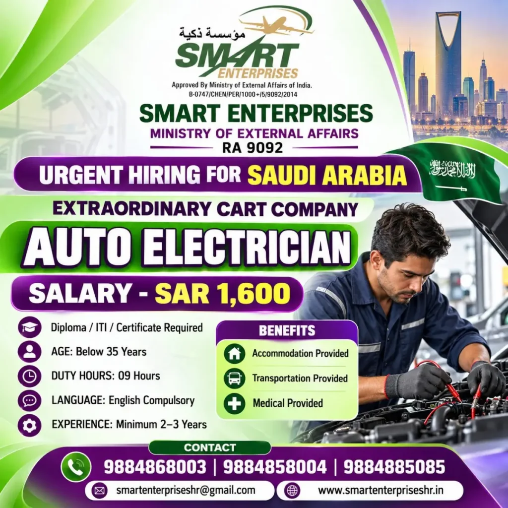 Saudi Arabia Urgent Recruitment 2026: Auto Electrician Jobs with SAR 1,600 Salary, Accommodation & More
