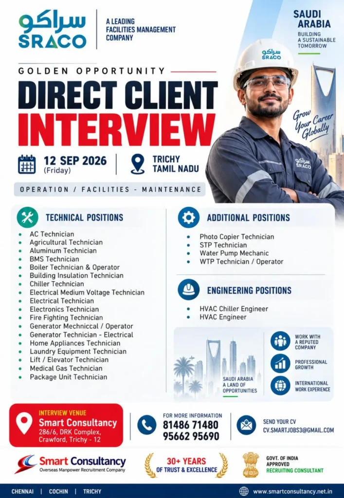 Saudi Arabia Jobs 2026: SRACO Direct Client Interview in Trichy for Technical, Maintenance & Engineering Positions 1 Saudi Arabia Jobs 2026: SRACO Direct Client Interview in Trichy for Technical, Maintenance & Engineering Positions