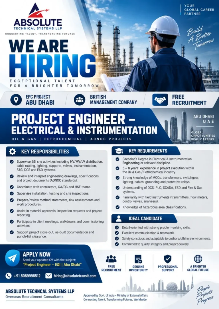 Project Engineer – Electrical & Instrumentation Jobs in Abu Dhabi | Oil & Gas & Petrochemical Careers