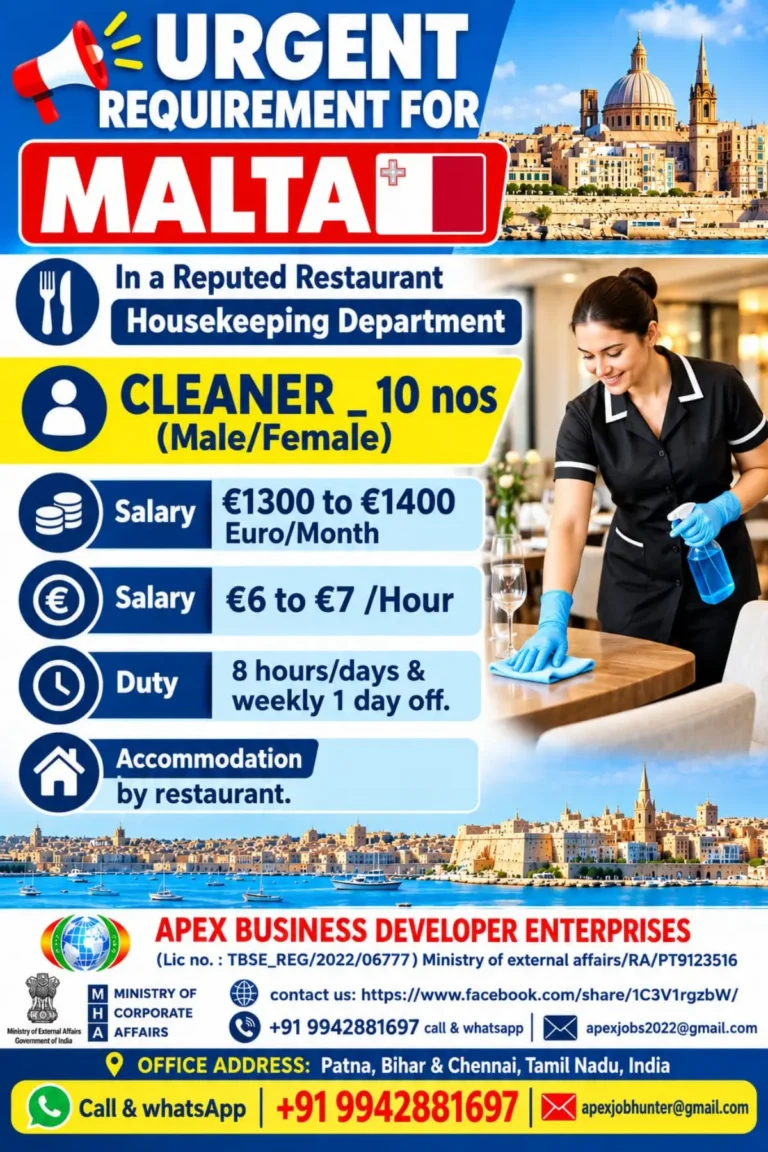 Urgent Malta Jobs 2026: Cleaner Vacancies in Reputed Restaurants with Accommodation