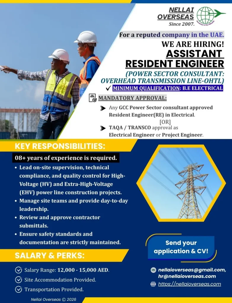 Assistant Resident Engineer Jobs in UAE – Power Sector Consultant | OHTL | AED 12,000–15,000 Salary 1 Assistant Resident Engineer Jobs in UAE – Power Sector Consultant | OHTL | AED 12,000–15,000 Salary