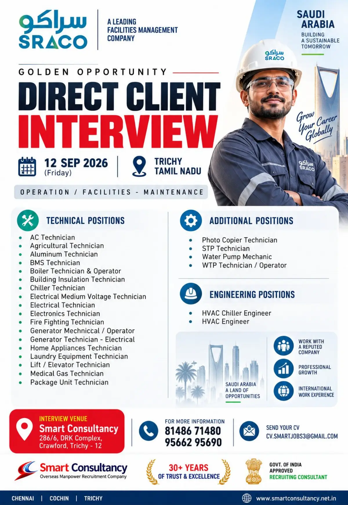 SRACO Saudi Arabia Jobs 2026: Direct Client Interview in Trichy for Technicians & Engineers