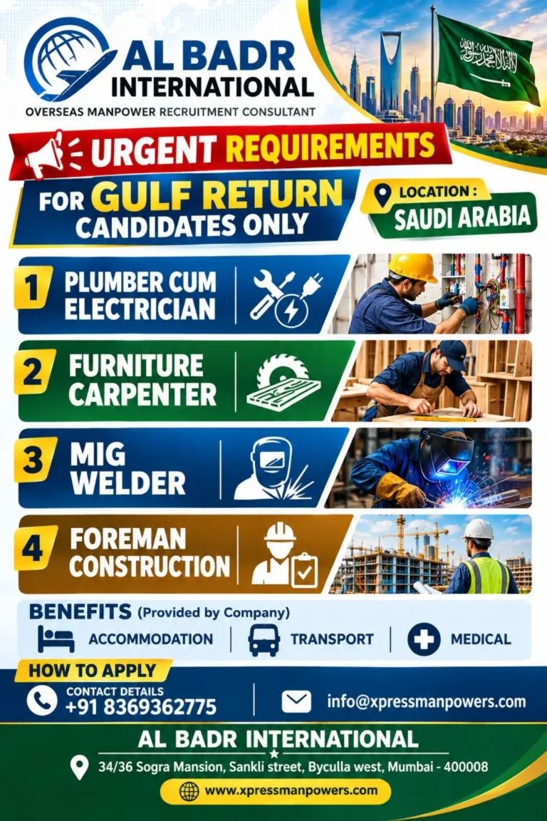 Urgent Saudi Arabia Jobs for Gulf Return Candidates – Plumber, Carpenter, MIG Welder & Construction Foreman