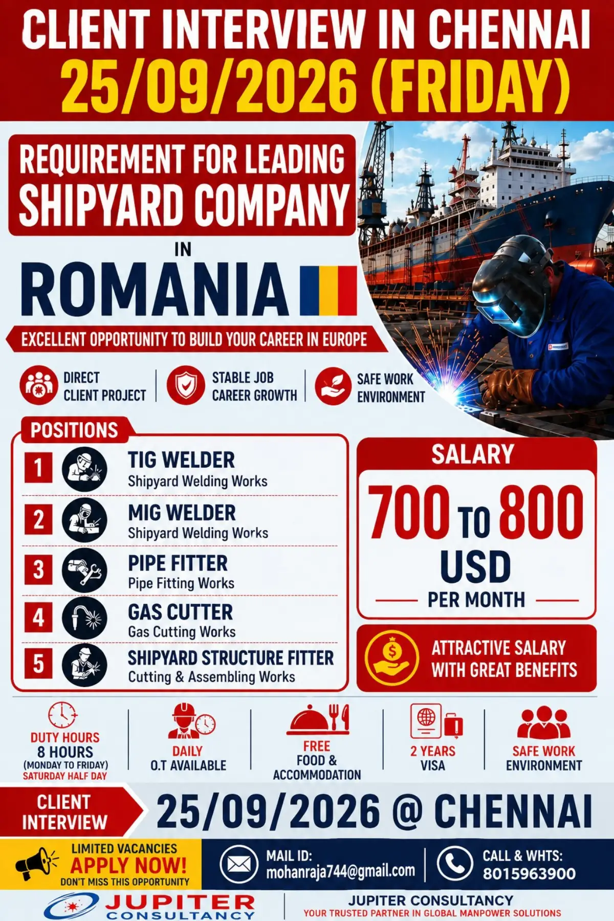 Romania Shipyard Jobs 2026: TIG Welder, MIG Welder, Pipe Fitter and Gas Cutter Vacancies – Chennai Interview on 25 September