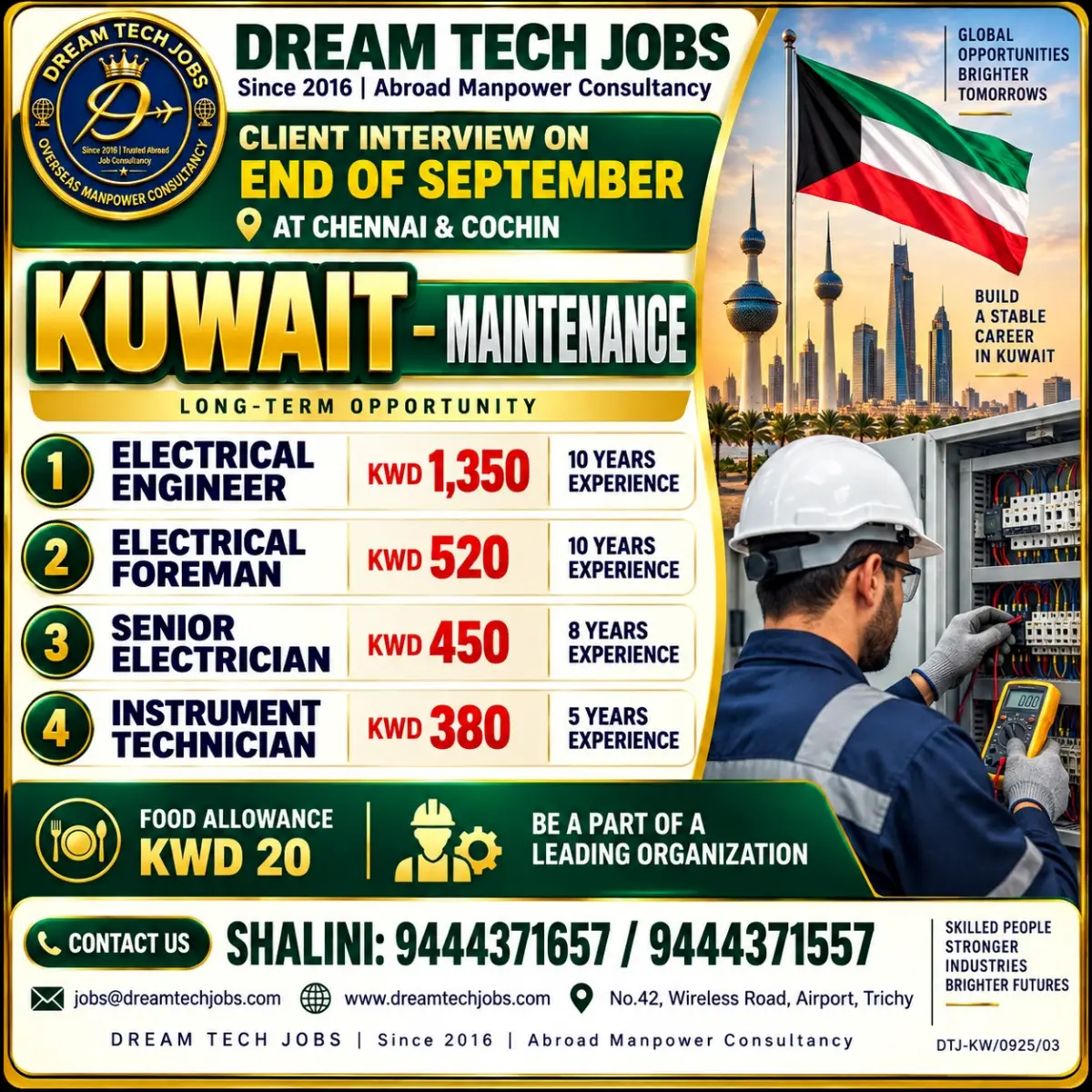 Kuwait Maintenance Jobs 2026: Electrical Engineer, Foreman, Senior Electrician & Instrument Technician Vacancies
