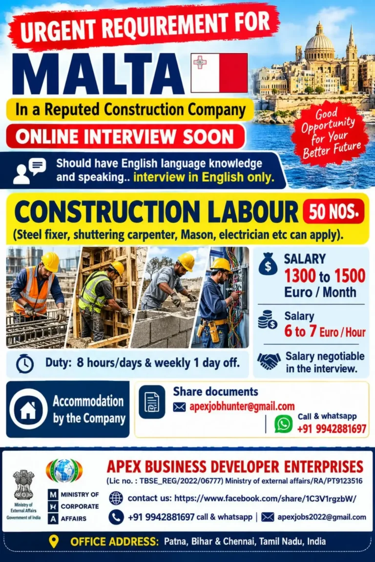 Urgent Malta Construction Jobs 2026: 50 Labour Vacancies with Salary Up to €1,500 Per Month