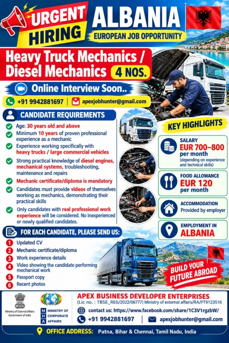 Urgent Hiring in Albania for Heavy Truck Mechanics and Diesel Mechanics – 4 Vacancies