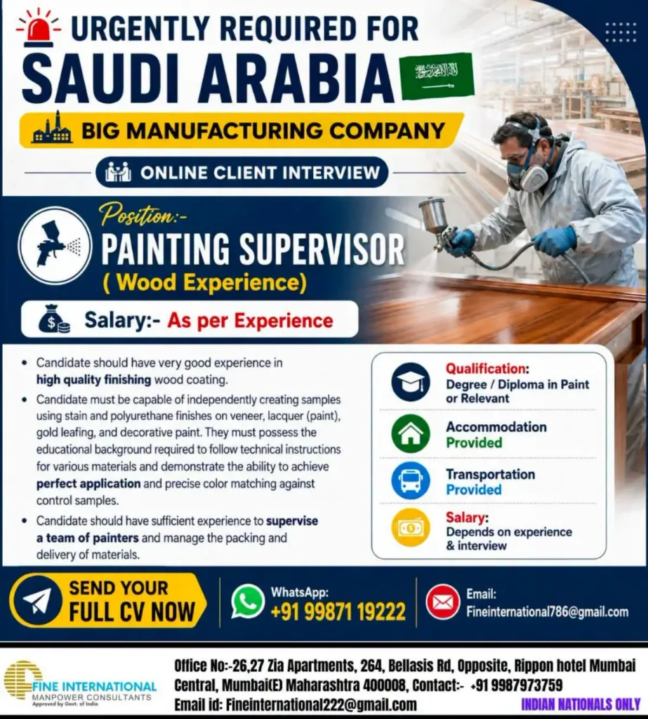 Painting Supervisor Jobs in Saudi Arabia 2026 – Wood Coating Experience Required 1 Painting Supervisor Jobs in Saudi Arabia 2026 – Wood Coating Experience Required