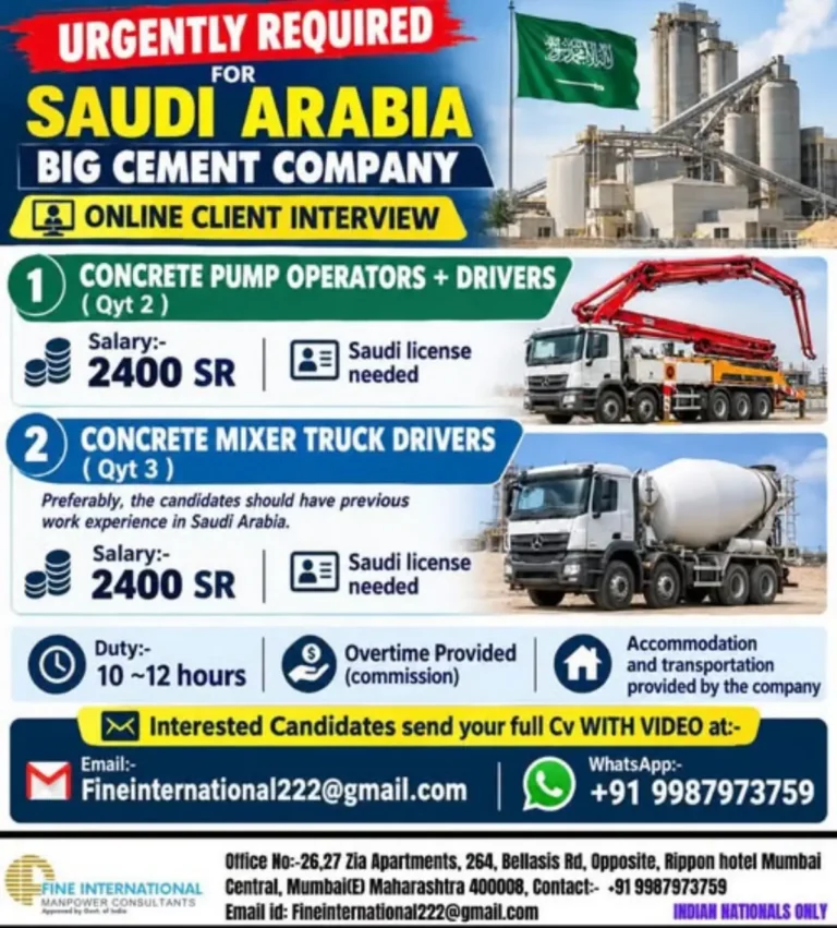 Saudi Arabia Cement Company Jobs 2026 – Concrete Pump Operators & Mixer Truck Drivers