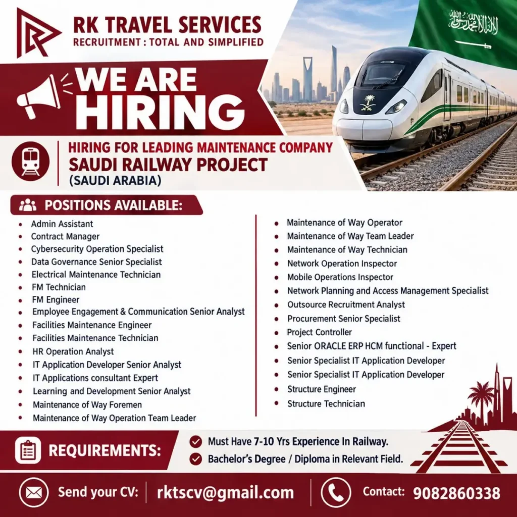 Saudi Railway Project Jobs 2026 – Multiple Vacancies for Experienced Railway Professionals
