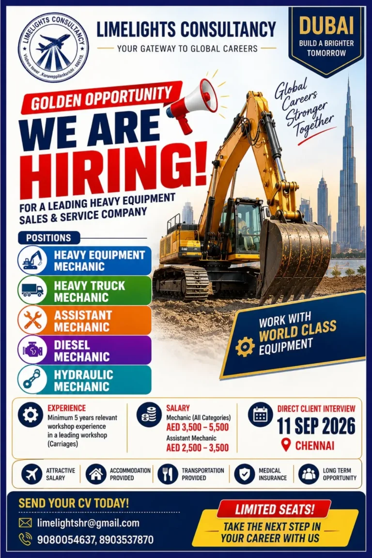 Dubai Heavy Equipment Jobs 2026: Mechanic Vacancies with Salary Up to AED 5,500 – Direct Interview in Chennai