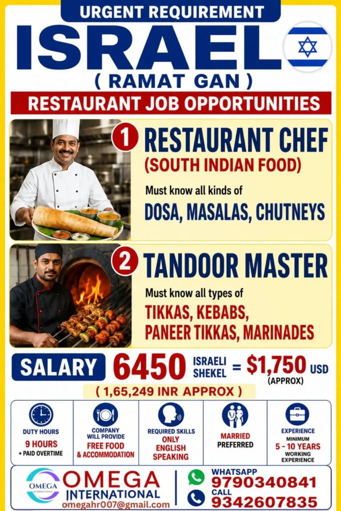 Israel Restaurant Jobs 2026 – Urgent Vacancies for Restaurant Chef & Tandoor Master