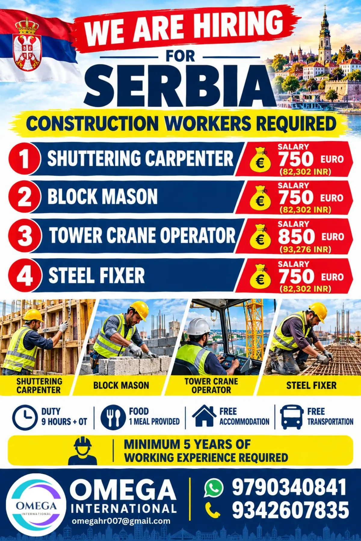 Serbia Construction Jobs 2026: Shuttering Carpenter, Block Mason, Tower Crane Operator & Steel Fixer