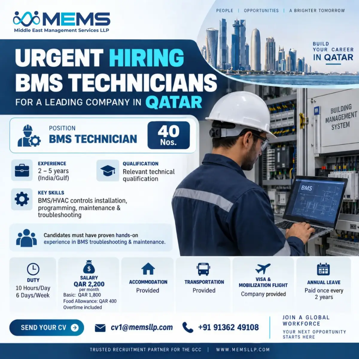 Qatar Jobs 2026: Urgent Hiring for 40 BMS Technicians – Salary Up to QAR 2,200 + Benefits