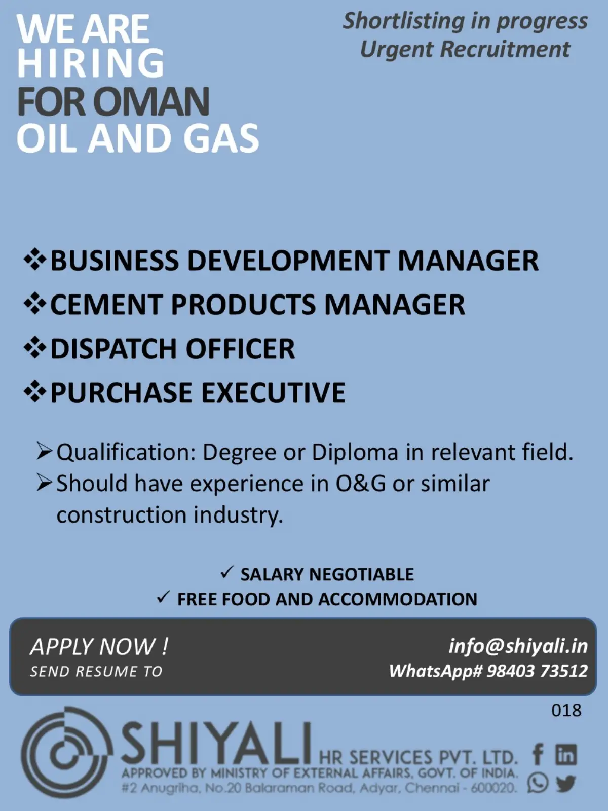Oman Oil and Gas Jobs 2026: Urgent Recruitment for Business Development Manager, Cement Products Manager, Dispatch Officer and Purchase Executive