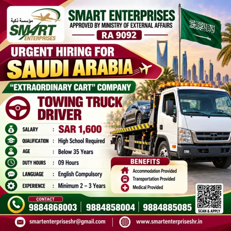Saudi Arabia Towing Truck Driver Jobs 2026: Urgent Recruitment, SAR 1,600 Salary, Free Accommodation & More