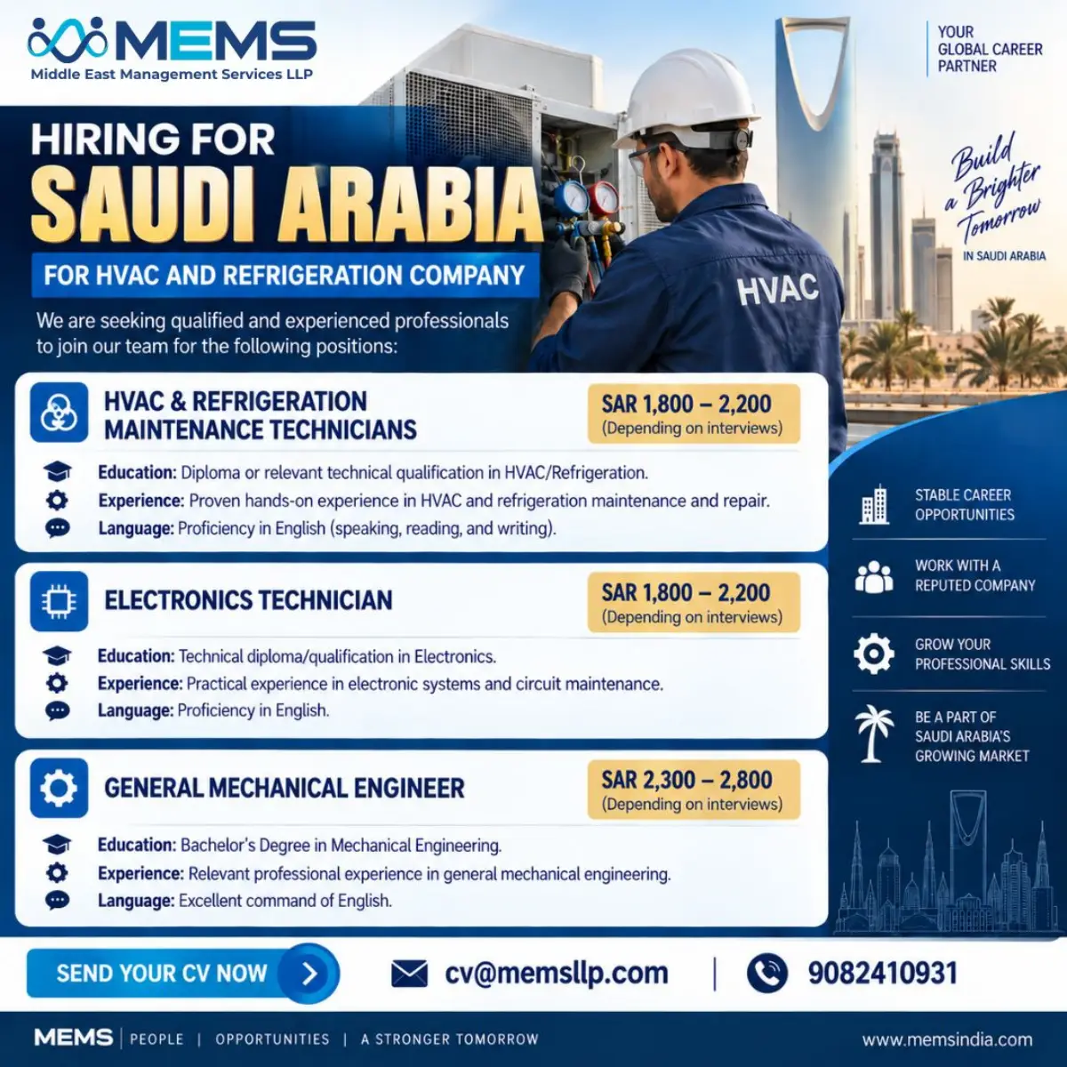 Saudi Arabia HVAC & Refrigeration Jobs 2026: Maintenance Technicians, Electronics Technicians & Mechanical Engineers