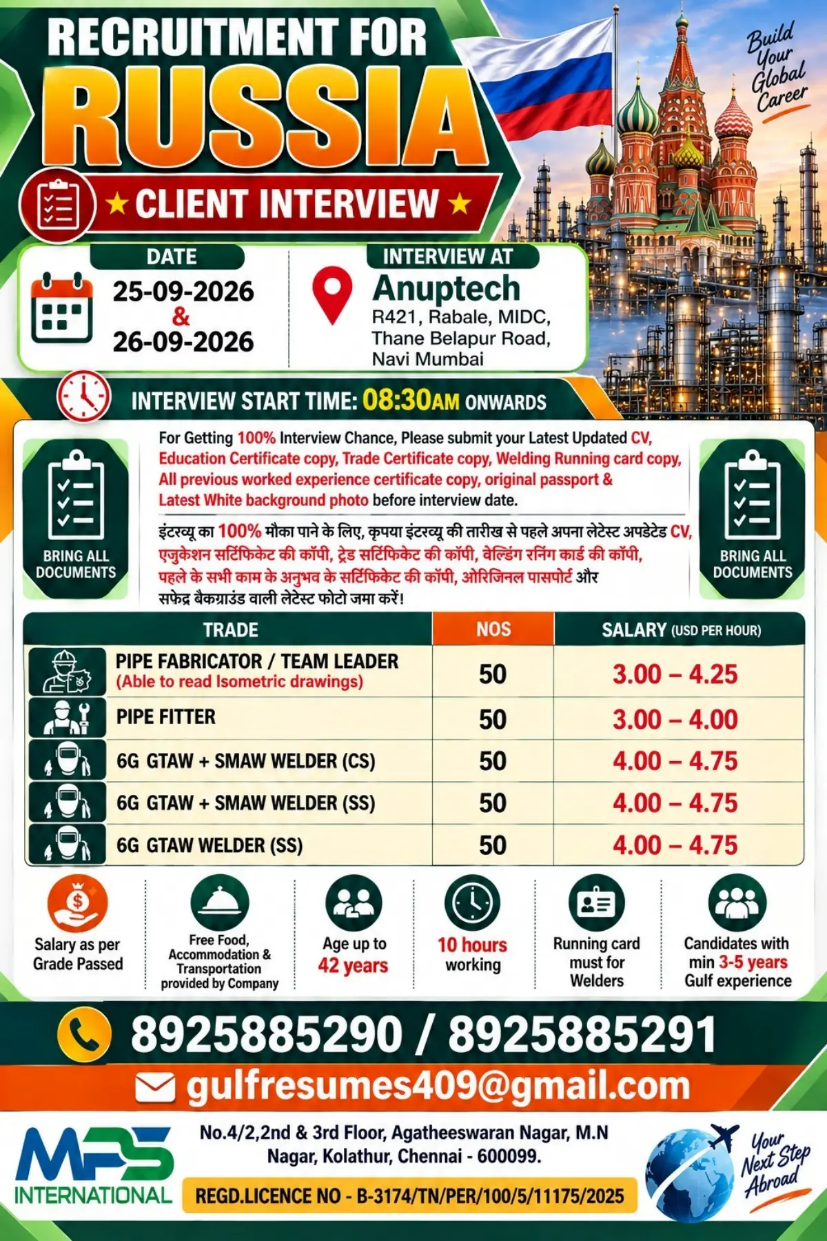 Russia Recruitment 2026: 250 Vacancies for Pipe Fabricators, Pipe Fitters and 6G Welders – Client Interview in Navi Mumbai