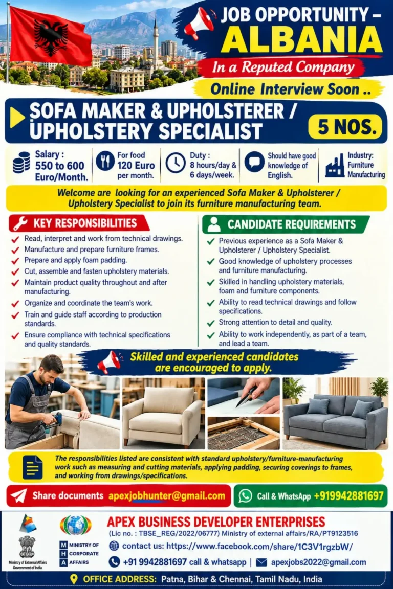 Albania Jobs 2026: Sofa Maker & Upholsterer Jobs for Skilled Workers