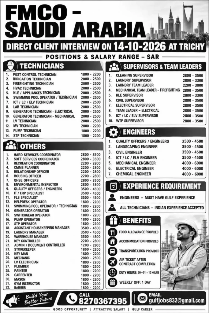 FMCO Saudi Arabia Recruitment 2026 – Direct Client Interview in Trichy on October 14