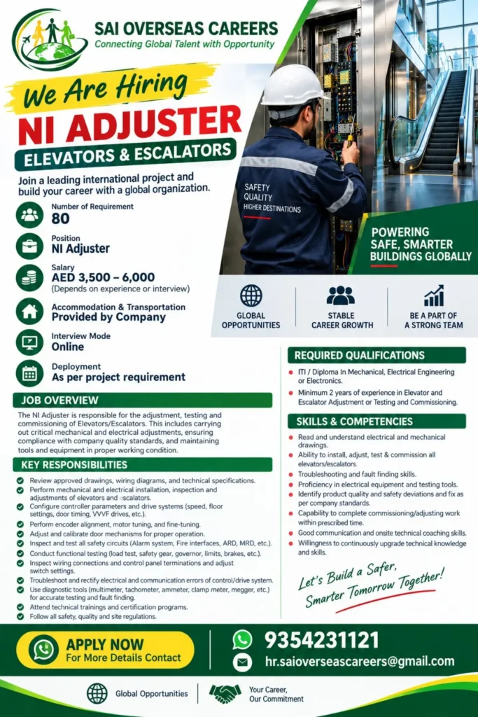 NI Adjuster Jobs – 80 Vacancies | Elevators & Escalators | UAE