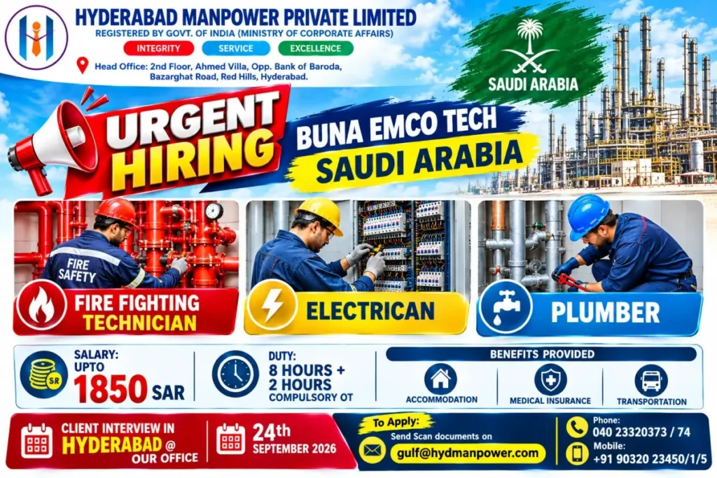 Saudi Arabia Jobs 2026: Urgent Hiring for Fire Fighting Technicians, Electricians & Plumbers
