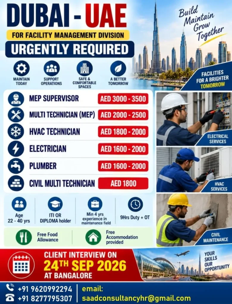 Dubai UAE Facility Management Jobs 2026 – Urgent Recruitment for MEP, HVAC, Electrician & Plumber 1 Dubai UAE Facility Management Jobs 2026 – Urgent Recruitment for MEP, HVAC, Electrician & Plumber