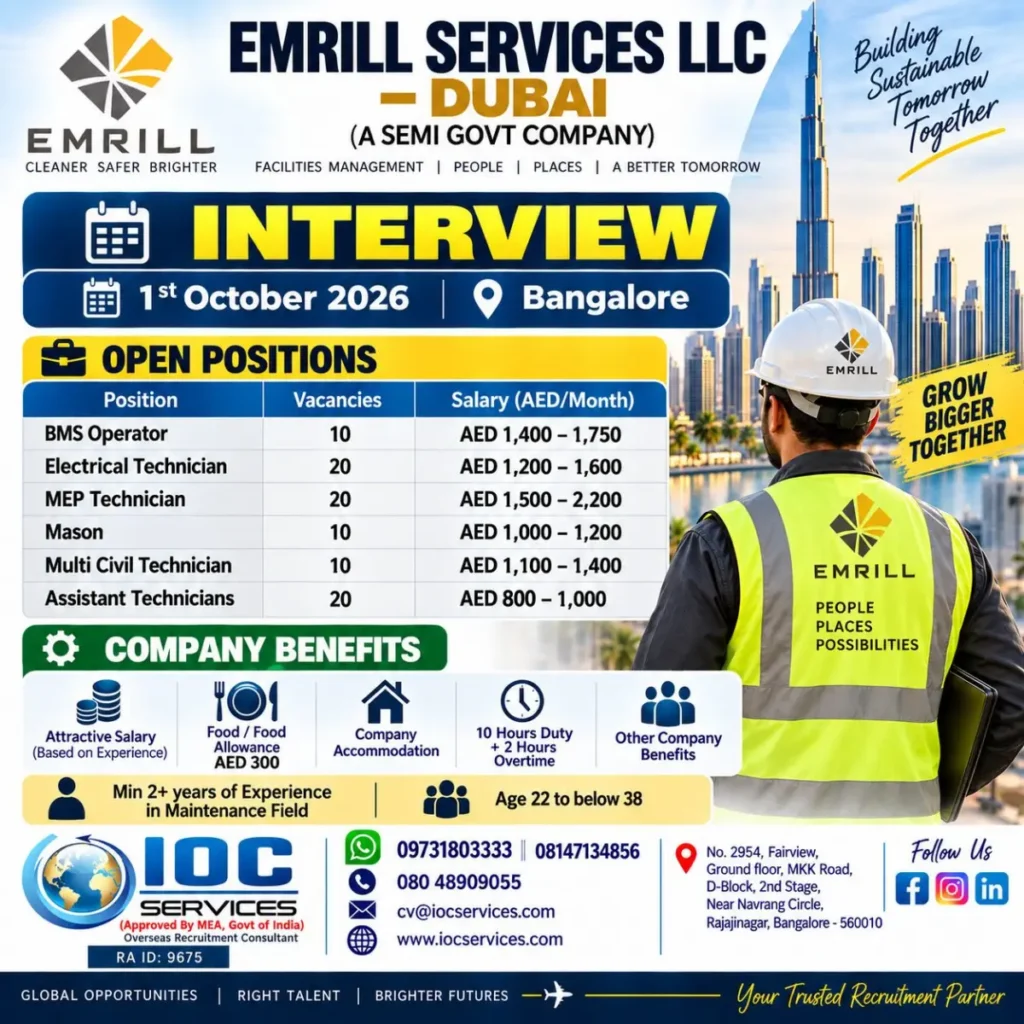 Emrill Services LLC Dubai Jobs 2026: Walk-in Interview in Bangalore on October 1