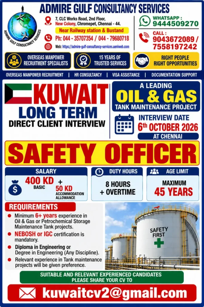 Kuwait Oil & Gas Jobs 2026 – Safety Officer Vacancy | 400 KD Salary + Allowance