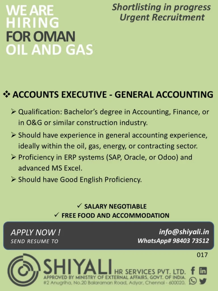 Oman Oil & Gas Jobs 2026: Accounts Executive – General Accounting | Salary Negotiable + Free Food & Accommodation
