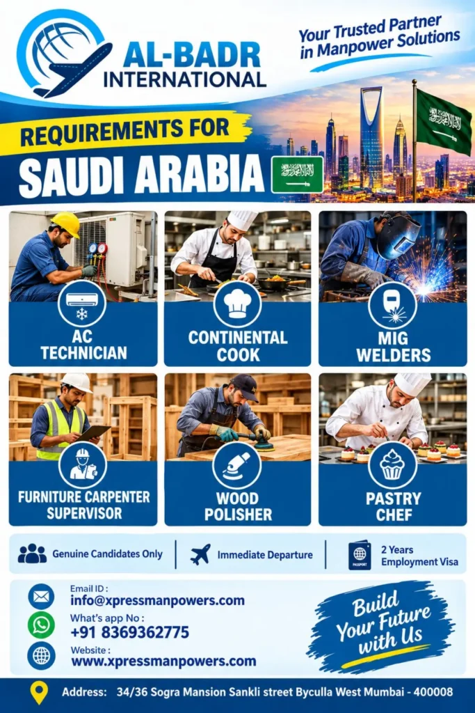 Saudi Arabia Jobs 2026: AC Technician, Continental Cook, MIG Welder, Carpenter & Pastry Chef Vacancies
