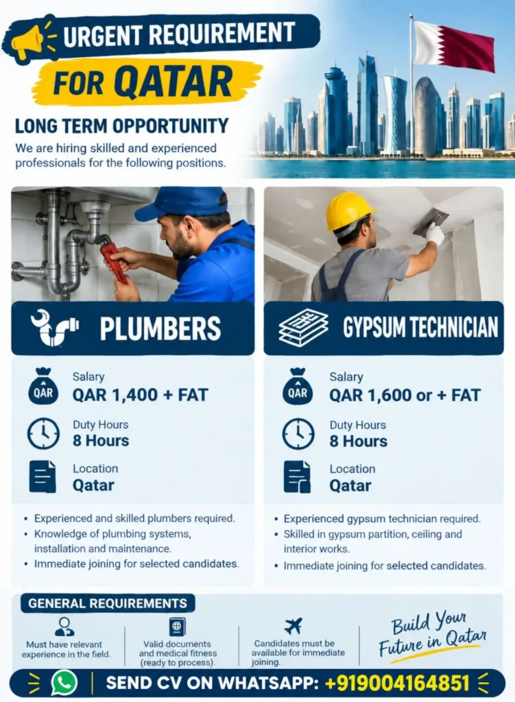 Qatar Jobs 2026: Plumbers & Gypsum Technicians Required – Salary Up to QAR 1,600 + FAT