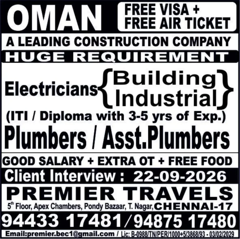 Oman Jobs 2026: Electricians, Plumbers & Assistant Plumbers Vacancy – Free Visa & Air Ticket