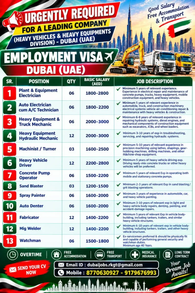 Dubai Jobs 2026: Urgent Recruitment for Heavy Equipment & Vehicle Division – UAE