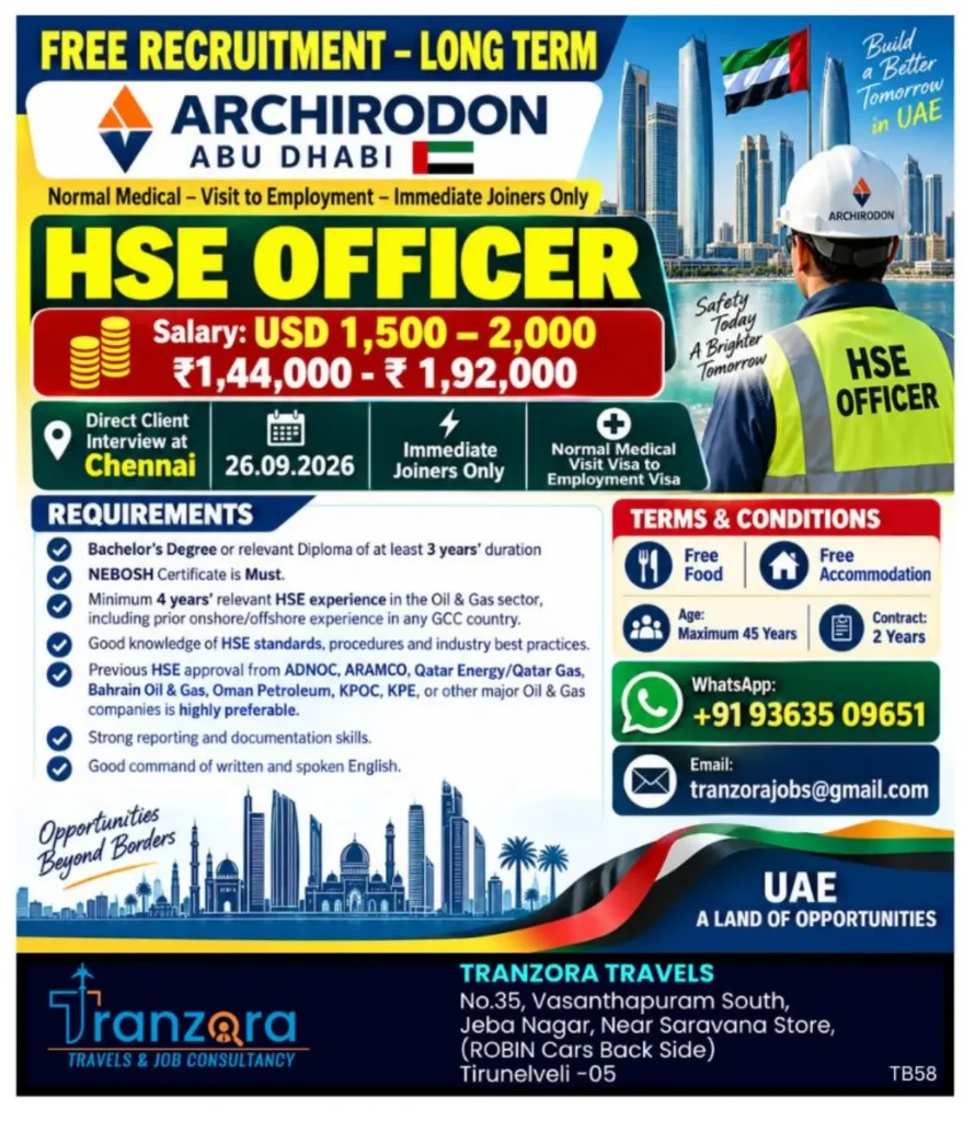 Archirodon Abu Dhabi HSE Officer Recruitment 2026 – Salary Up to USD 2,000, Free Food & Accommodation