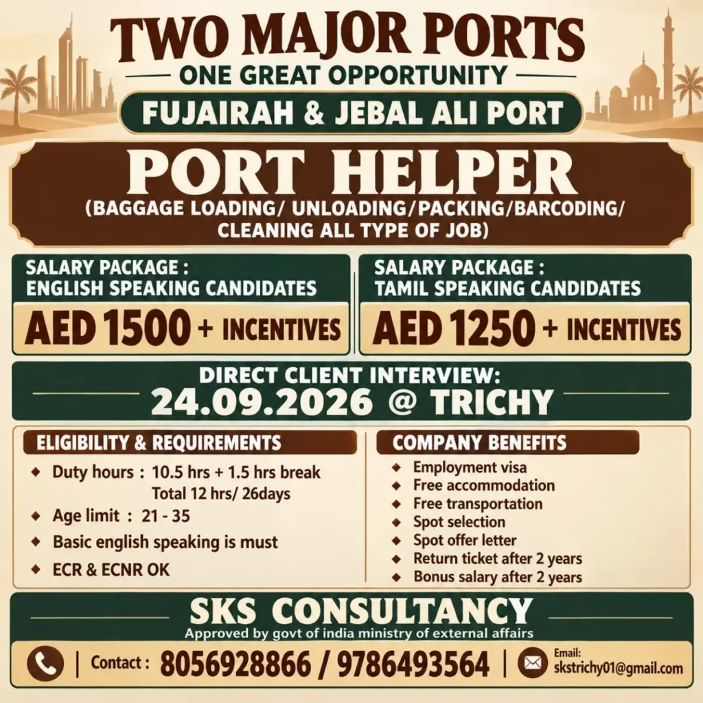 Port Helper Jobs in UAE 2026 – Fujairah & Jebel Ali Port | Salary up to AED 1,500 + Incentives