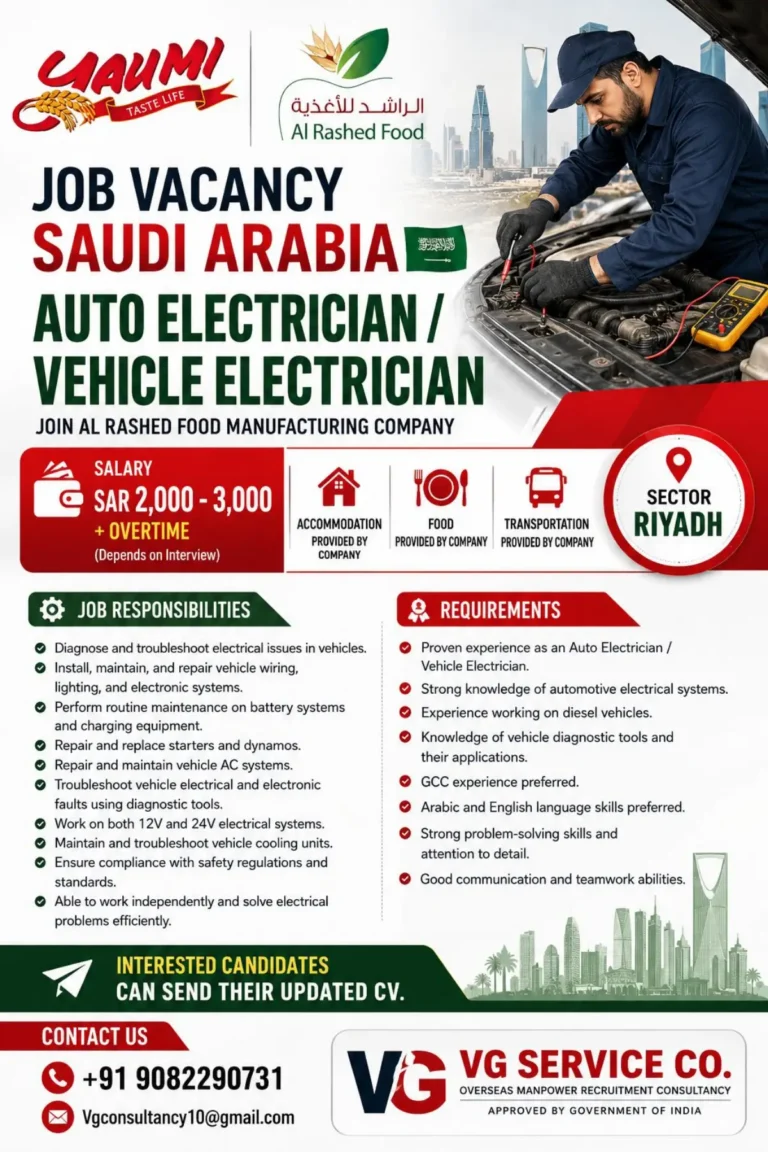 Auto Electrician Jobs in Saudi Arabia 2026: Salary SAR 2,000–3,000, Free Food & Accommodation