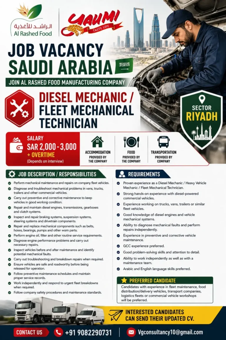 Diesel Mechanic / Fleet Mechanical Technician Jobs in Saudi Arabia 2026 – Salary SAR 2,000–3,000 + Overtime