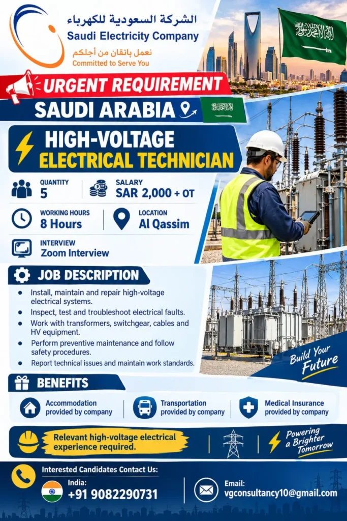 Saudi Arabia High Voltage Electrical Technician Jobs 2026: Salary SAR 2,000 + OT | 5 Vacancies