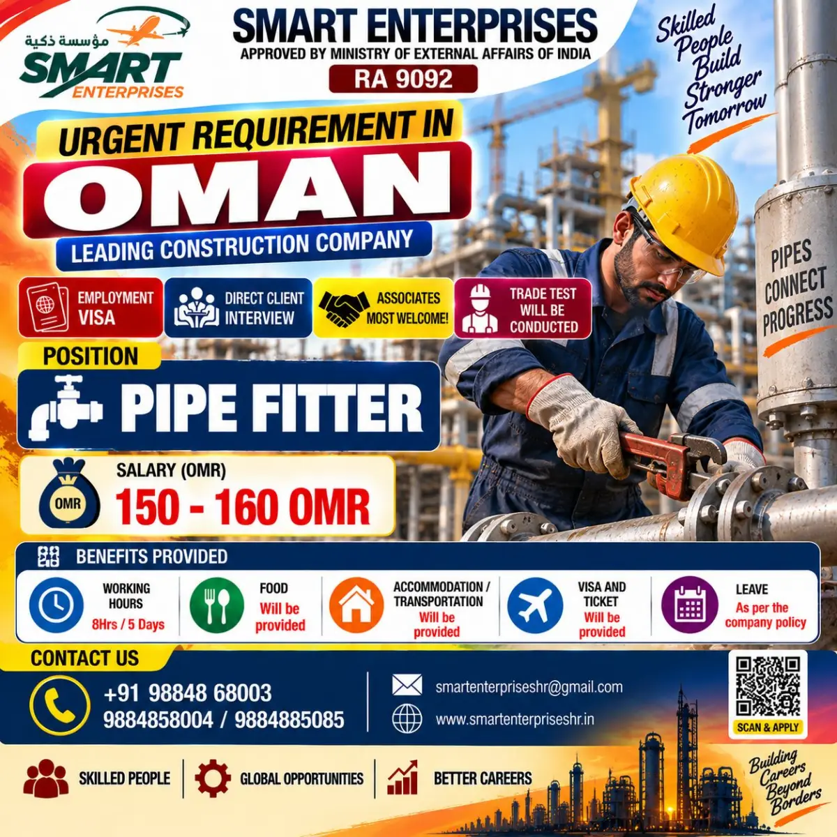 Oman Pipe Fitter Jobs 2026: Salary 150–160 OMR, Free Food, Accommodation & Visa