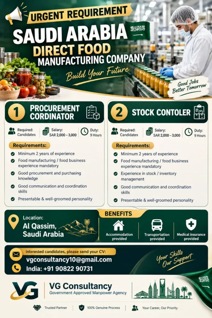 Saudi Arabia Food Manufacturing Company Recruitment 2026: Procurement Coordinator & Stock Controller Jobs in Al Qassim
