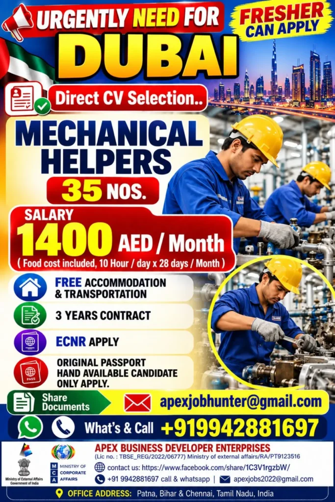 Dubai Mechanical Helper Recruitment 2026: 35 Vacancies | Salary AED 1,400 | Free Accommodation & Transportation