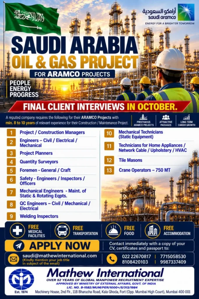 Saudi Arabia Oil & Gas Jobs 2026: Aramco Project Vacancies for Experienced Professionals | Apply Now